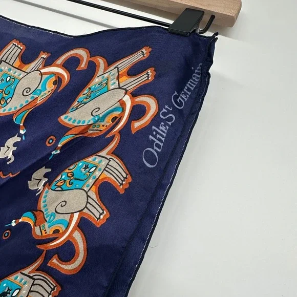 Vtg Odile St Germain Silk Scarf Navy Blue Elephant Print Designer Square 30" - Picture 3 of 3